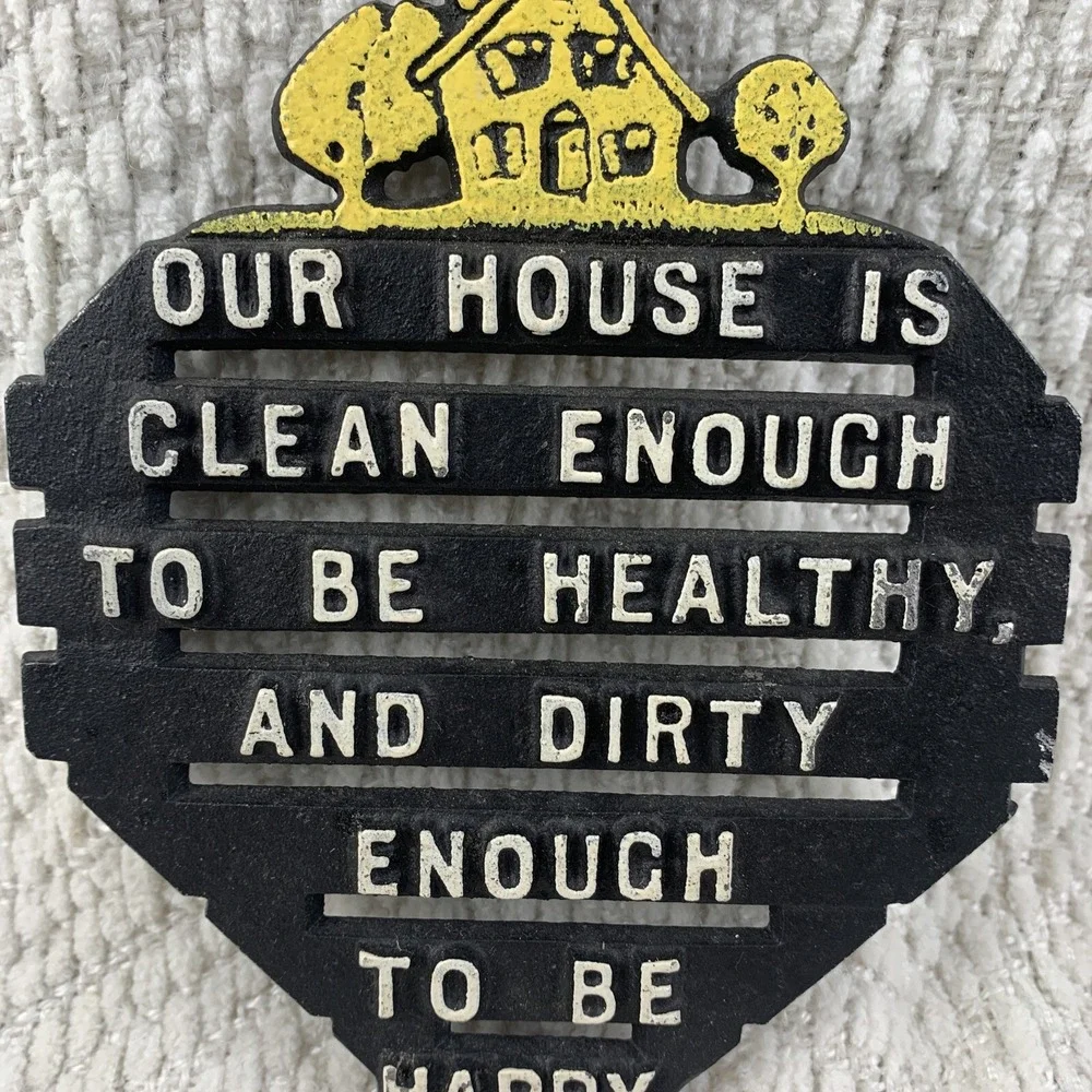 Vintage Cast Aluminum‎ House Is Clean Metal Trivet Kitchen Decor White Black USA